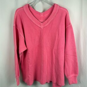 Aerie Pink Waffle Knit Top Small Oversized Cozy V Neck Long Sleeve